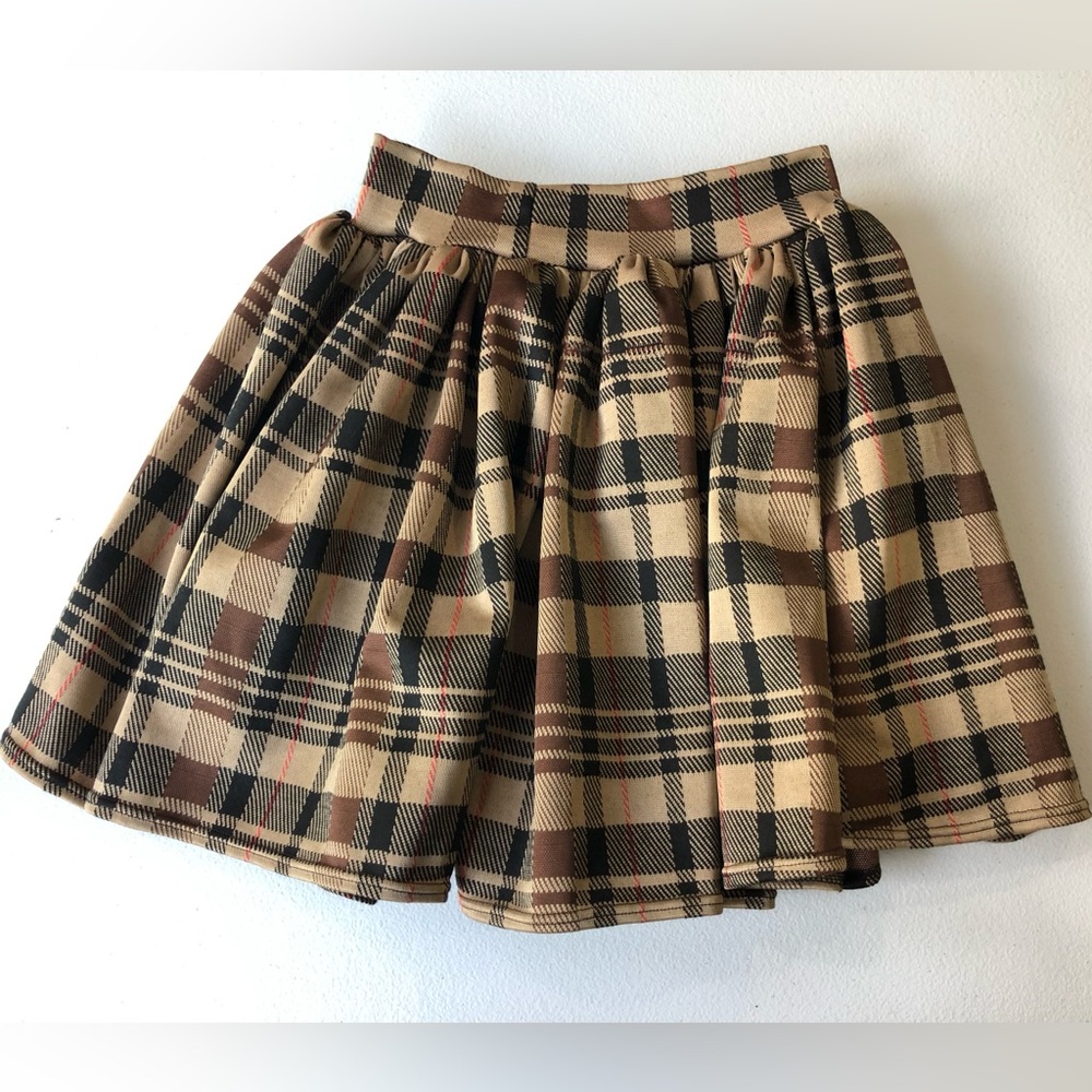 Girls Size 7/8 Pleated Khaki Plaid Skirt W/Pockets Holiday Woven Fabric Stretch